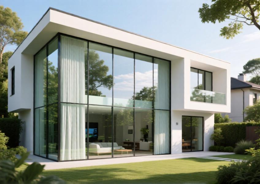 Modern luxury villa with a smart glass curtain wall framed in matte white aluminum, set in a serene natural landscape.