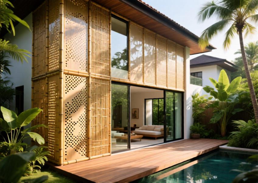 A high-end residential villa using bamboo-composite facade panels to blend indoor spaces with the natural environment through filtered light and sustainable materials.