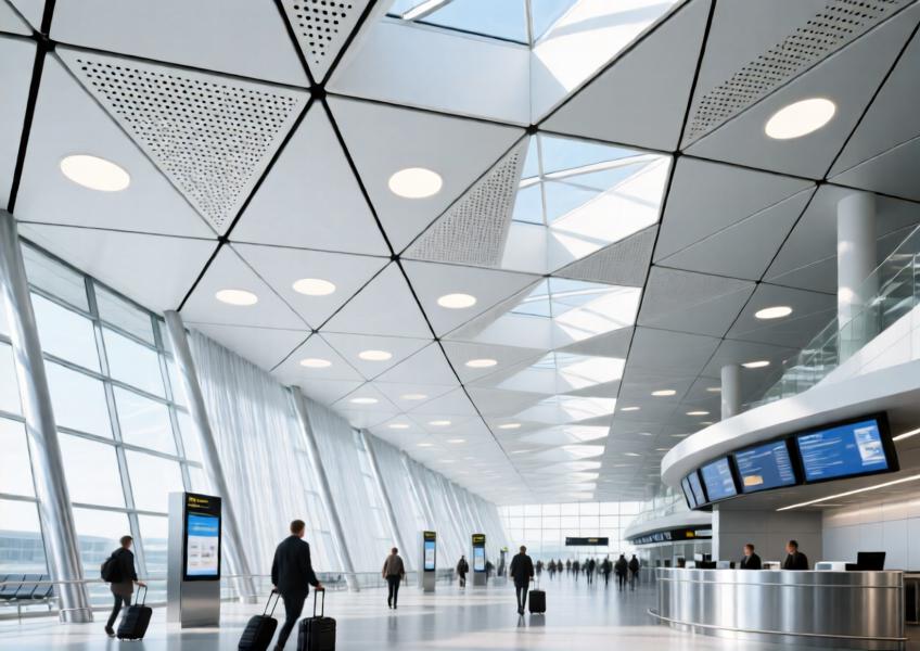 Airport terminal with radial matte white aluminum ceiling and integrated lighting.