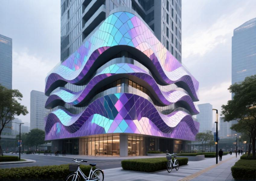 Shanghai mixed-use building with color-shifting porcelain cladding under diffused daylight