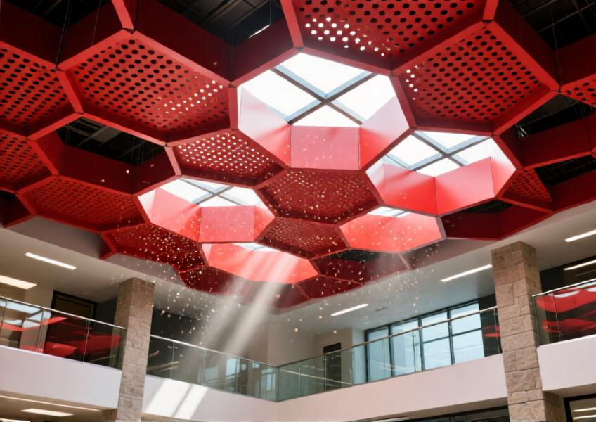 Detailed view of a vibrant red perforated aluminum ceiling in a modern office lobby with dynamic lighting.