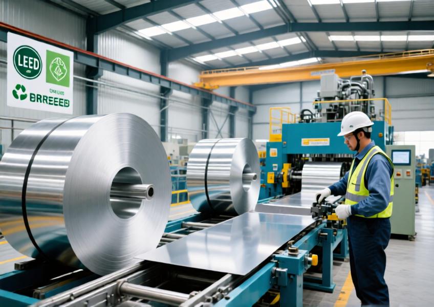 A realistic portrayal of a sustainable aluminium sheet manufacturing plant, emphasizing eco-friendly production processes and technological precision behind high-performance architectural materials.