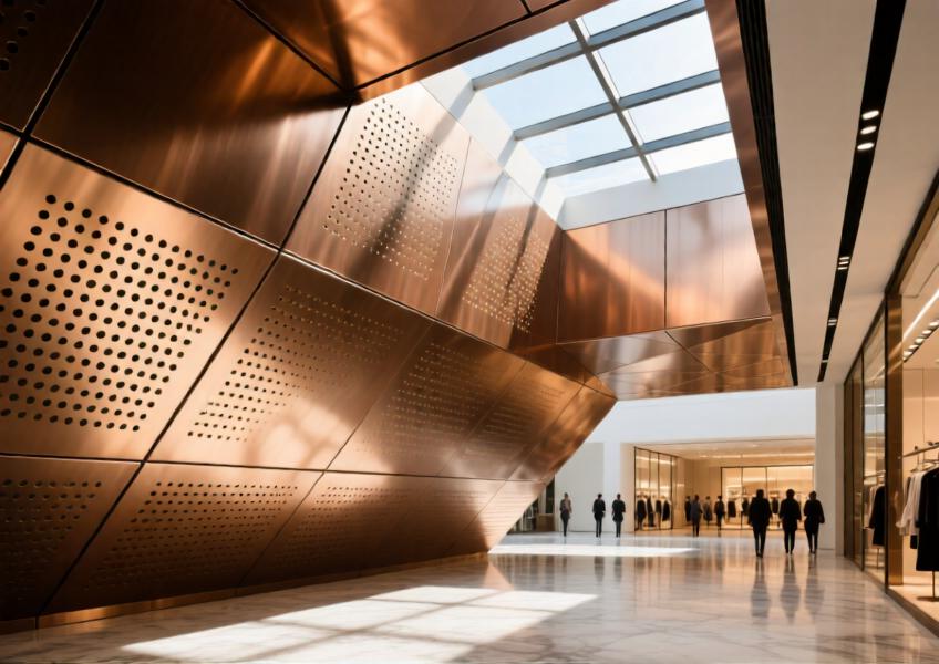 Anodized bronze perforated aluminum ceiling panels in a luxury mall, combining acoustic performance with refined aesthetics.