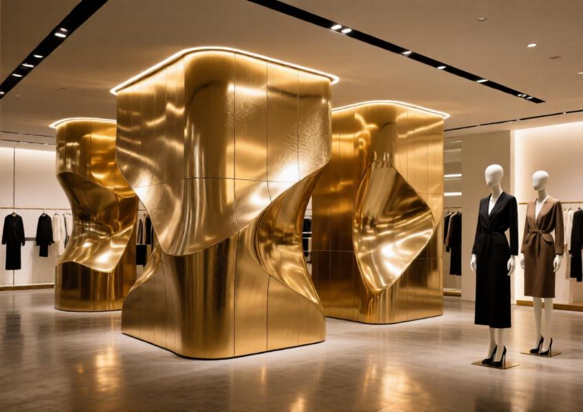 Luxury retail space with golden sculptural aluminum partitions softly lit to enhance texture and form.