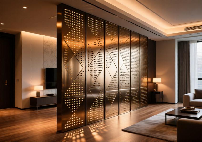 Luxury residential interior with perforated metal wall cladding used as a decorative and functional partition, blending light, texture, and spatial design.
