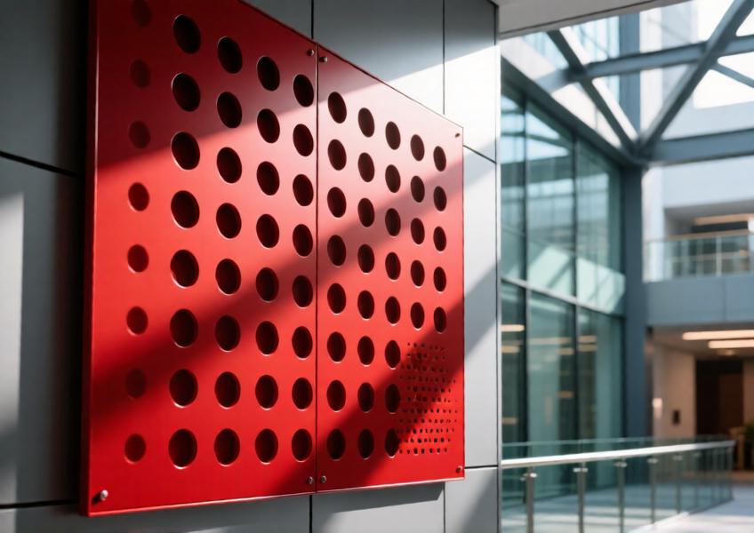 Close-up of vibrant red matte aluminum wall panel with perforations in a sunlit office atrium.