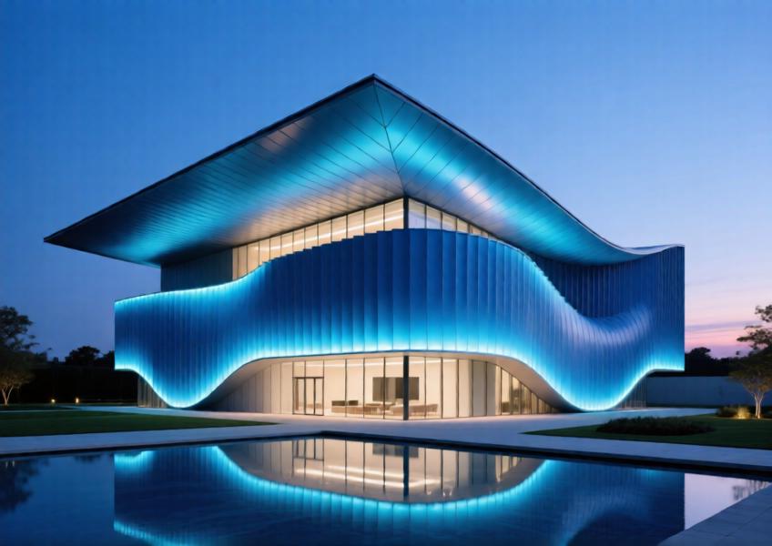 Cultural center with anodized blue aluminum cladding and integrated lighting at dusk, set in a reflective plaza.