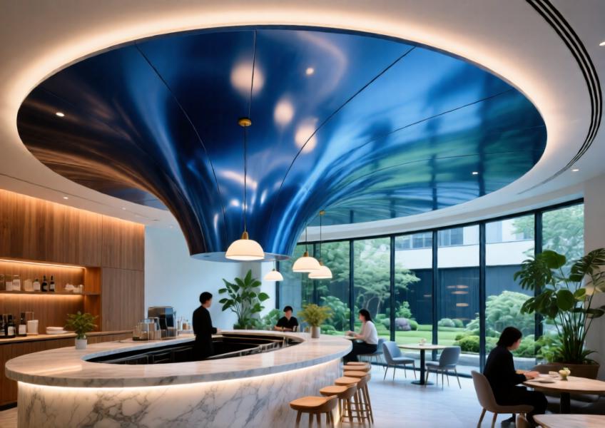 Anodized blue curved aluminium ceiling with backlit edges in a luxury Tokyo café interior.