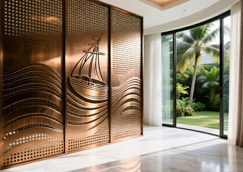 Perforated anodized bronze aluminum wall with wave pattern in a luxury hotel atrium.