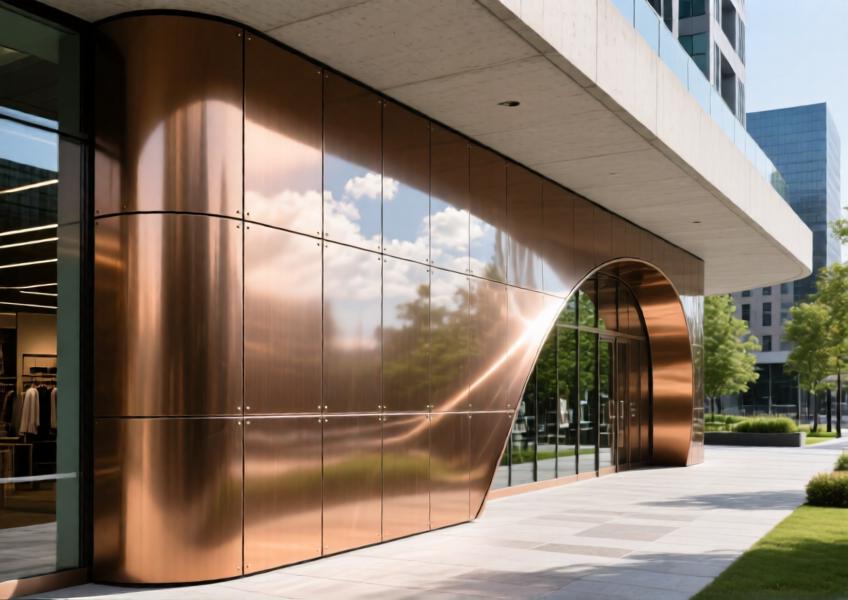 Close-up of curved, anodized bronze aluminum panels on a retail facade, highlighting texture, craftsmanship, and integration with the urban environment.