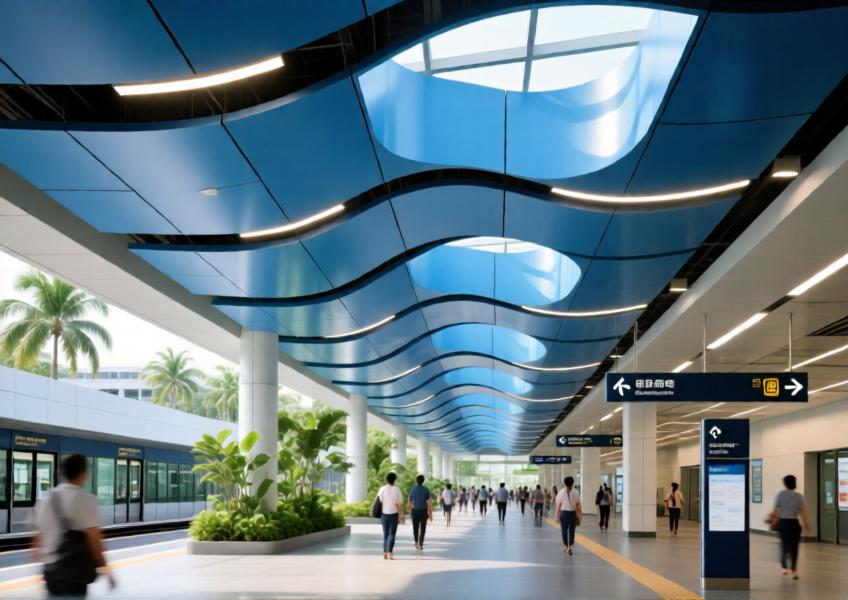 Transit station interior with corrosion-resistant anodized blue aluminium ceiling panels designed for durability and aesthetic flow in a humid climate