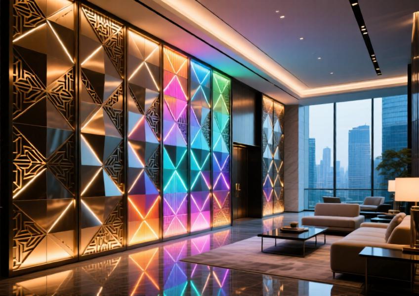 An interior view of a high-end commercial space showcasing interactive, digitally printed metal cladding integrated with smart lighting, illustrating the fusion of design and technology.