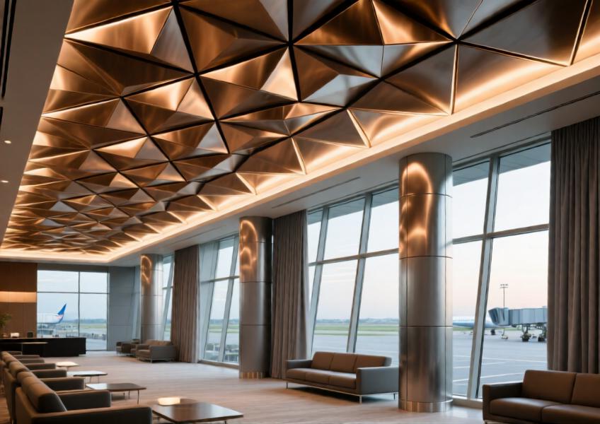 Luxury airport lounge interior with bronze-finished aluminum ceiling and gray facade cladding panels integrated into curtain walls.