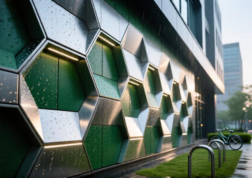 Detailed view of a mixed-material architectural panel facade with geometric patterning and integrated lighting.