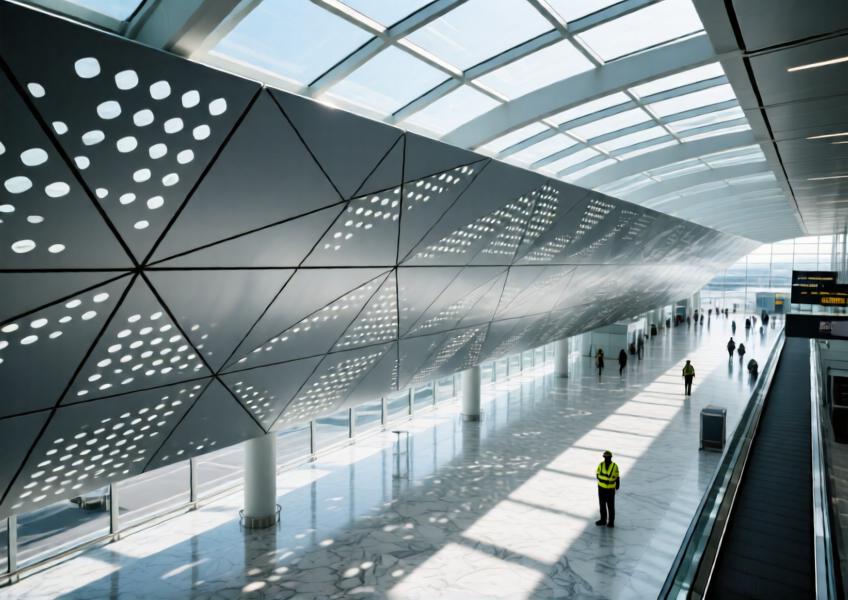 Airport terminal with a geometric perforated aluminum ceiling in matte charcoal grey, illuminated by natural sunlight filtering through a glass roof.