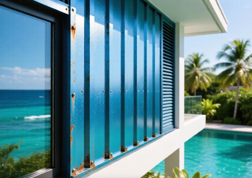 Close-up of anodized blue aluminium cladding on a luxury coastal villa