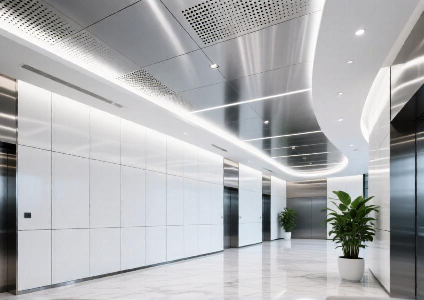 Elegant lobby with white and brushed aluminum panels, gradient ceiling, and refined lighting design.