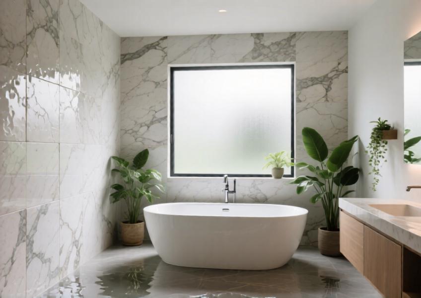 Luxury bathroom interior featuring sustainable, moisture-resistant wall cladding panels that merge natural aesthetics with practical performance.