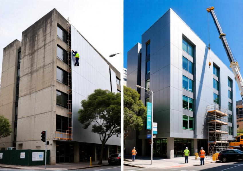 A realistic comparative scene showing the revitalization of an older building using aluminium facade cladding, emphasizing functional upgrade and visual transformation.