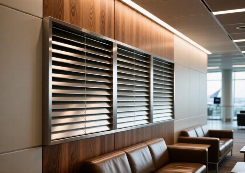 Close-up of wood effect aluminum louvers in an airport lounge, emphasizing texture and functional design.
