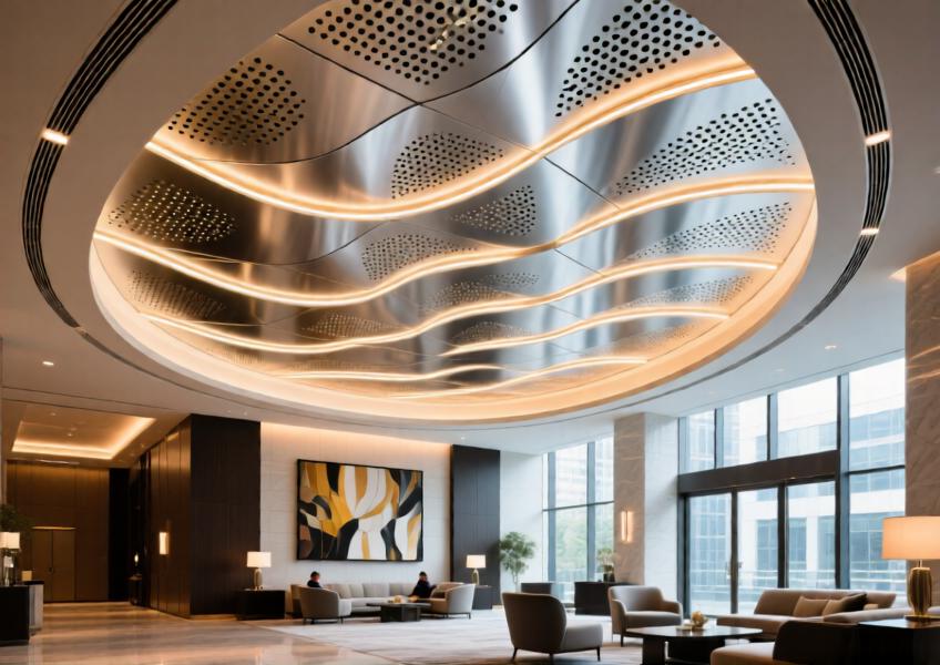 Luxury hotel lobby with perforated brushed silver aluminum ceiling and integrated lighting.