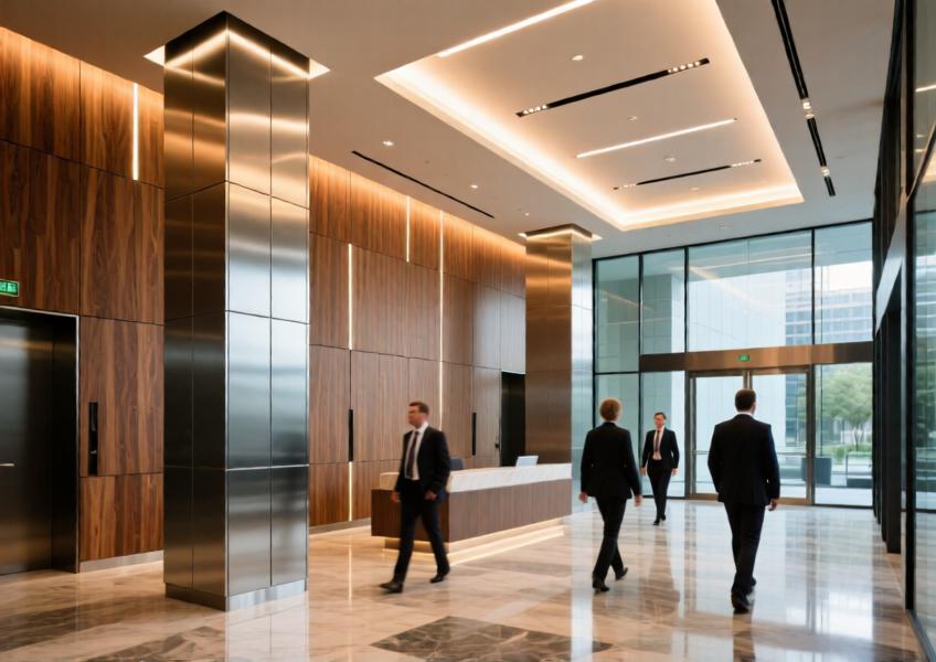 A sophisticated commercial interior using textured ACP for columns and accent walls, combining modern materials and ambient lighting for a high-end aesthetic.