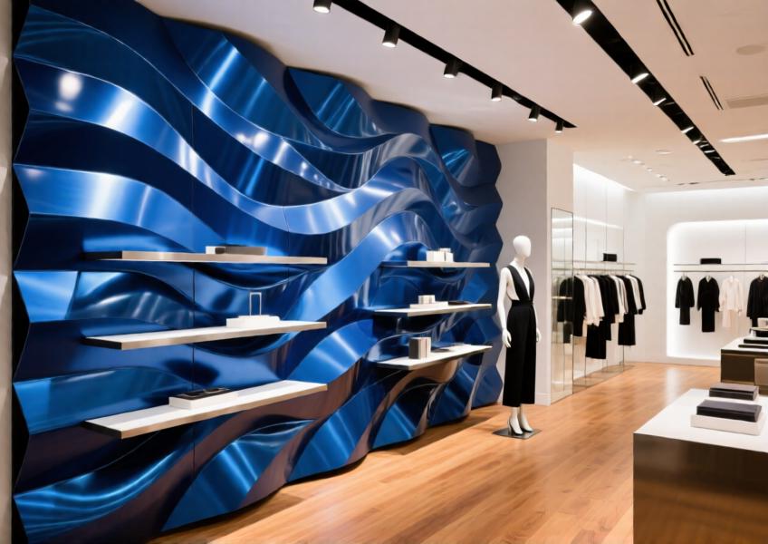 Luxury retail space featuring anodized blue aluminum decorative wall panels in a geometric layout