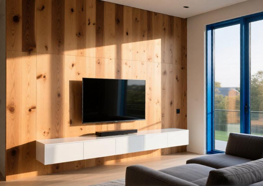 Modern living room with light oak wood effect feature wall and anodized blue aluminum window frame, bathed in golden hour light.