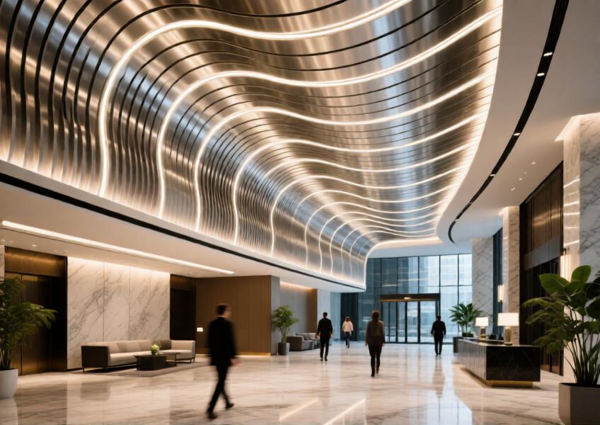 Interior shot of a high-end hotel lobby showcasing artistic use of aluminium panels in a dynamic ceiling design.