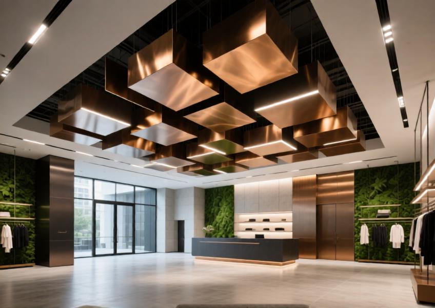 Modern retail lobby with anodized bronze aluminum ceiling panels in a geometric layout for visual impact and sustainability.