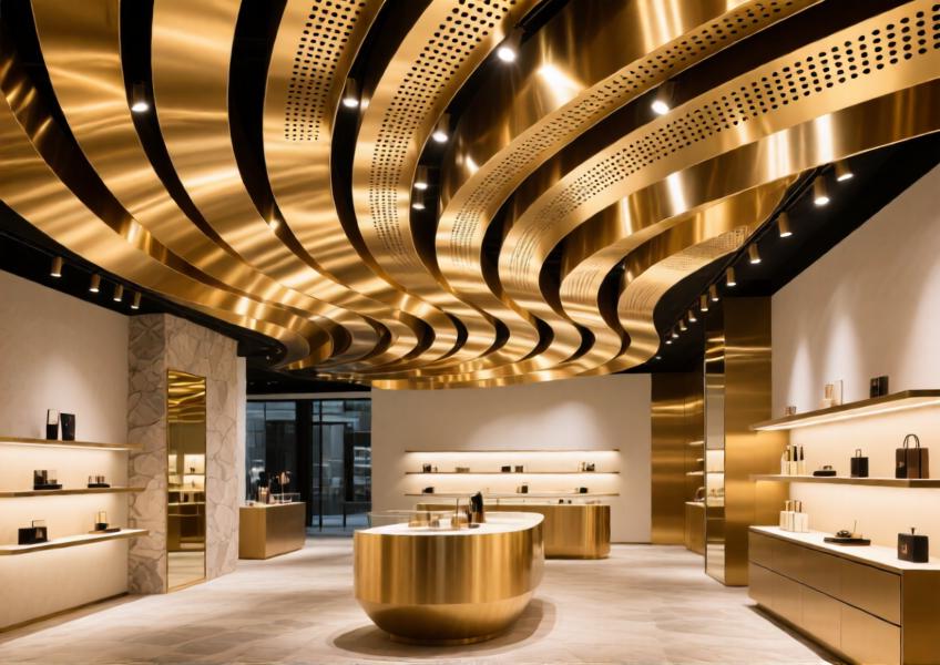 Brushed gold-anodized aluminum ceiling with acoustic perforations in a luxury retail environment