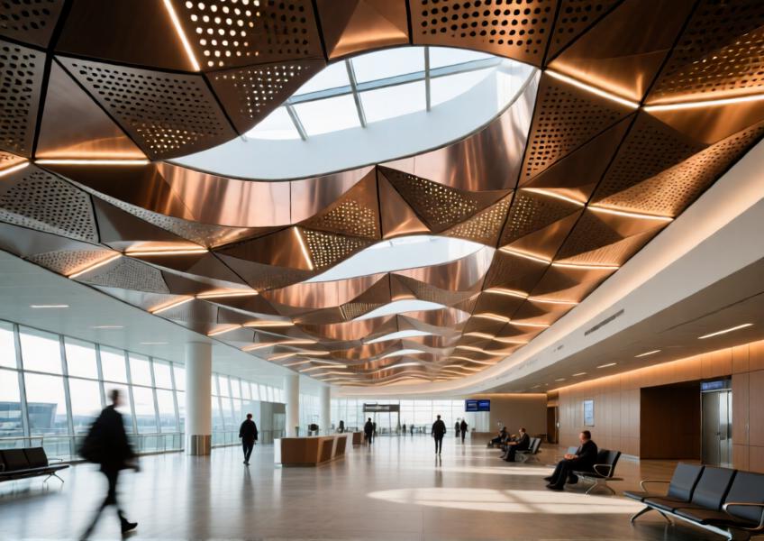 Luxury airport terminal with perforated anodized bronze aluminum ceiling