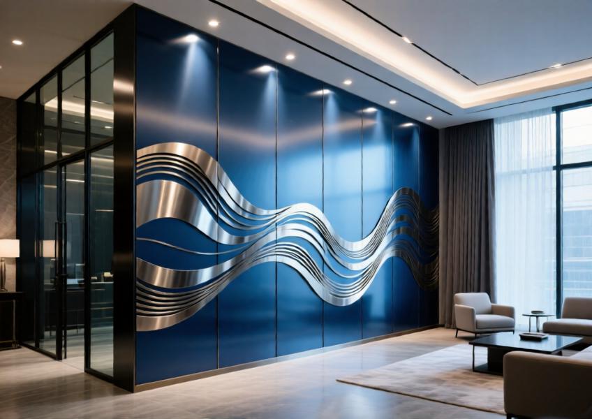 Luxury interior lobby with backlit anodized blue aluminum decorative wall panels