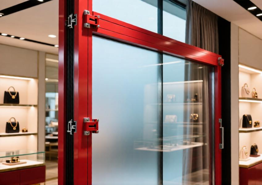 Vibrant red aluminum curtain wall with smart glass technology illustrates innovation and customization in modern retail interiors.