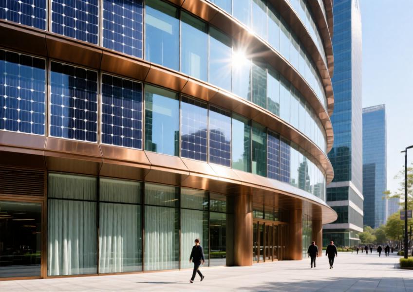 Detail of a curved, photovoltaic-integrated curtain wall with anodized bronze aluminum framing on a tech company's Beijing headquarters.