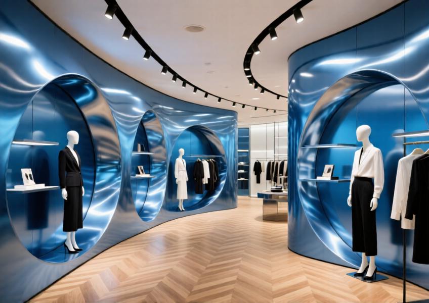 High-end retail space with curved anodized blue aluminum wall features for display and spatial division.