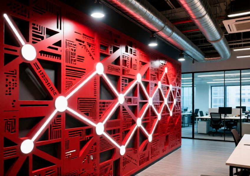 Vibrant red laser-cut aluminum feature wall symbolizing innovation in a modern office