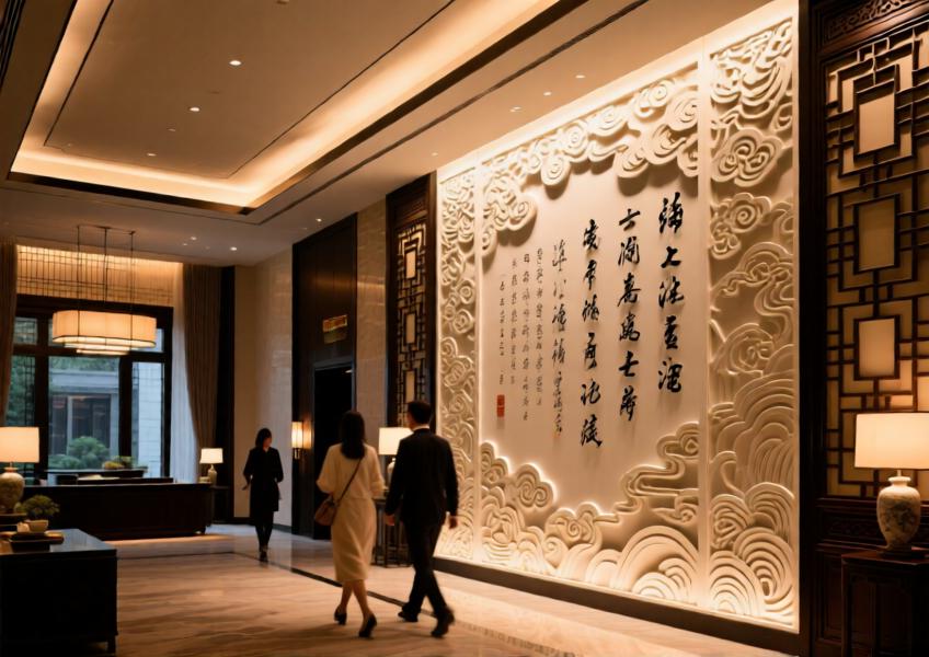 Boutique hotel interior using culturally inspired 3D-printed cladding to create an immersive narrative experience in a commercial space.
