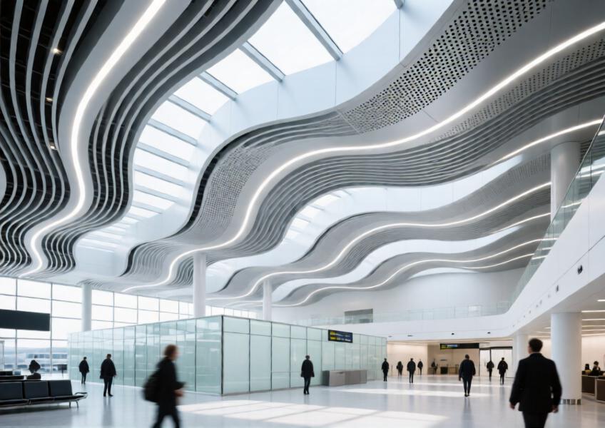 Airport interior with wave-patterned perforated aluminum ceiling and integrated lighting