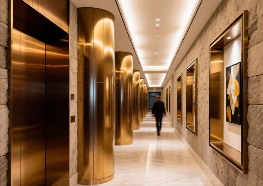 Luxury hotel corridor with gradient anodized aluminum-clad columns blending interior elegance with high-performance architectural materials.