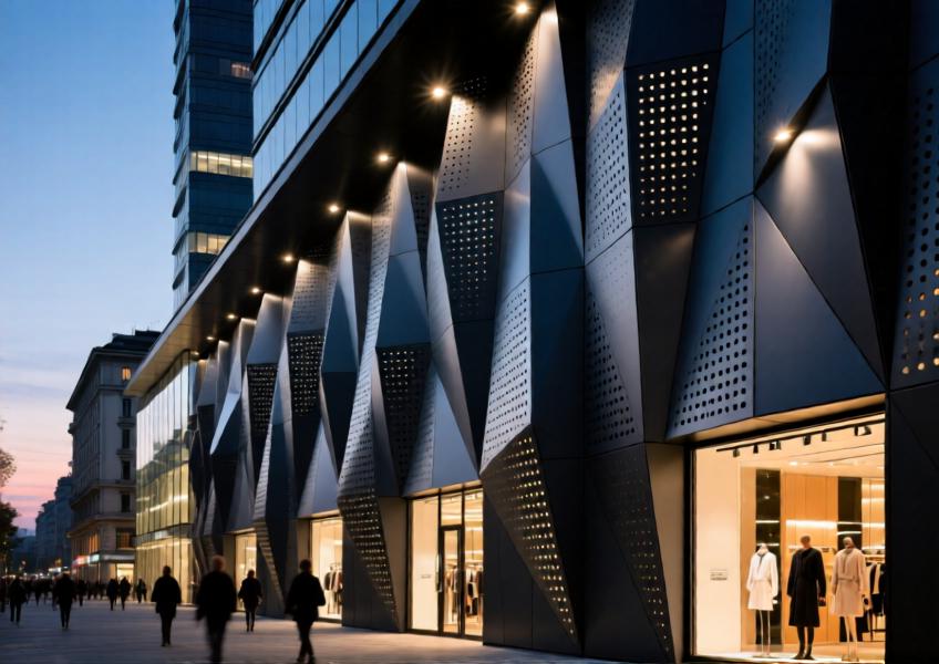 Milan retail façade with textured anthracite grey brushed-coated aluminium panels creating light-play at night.