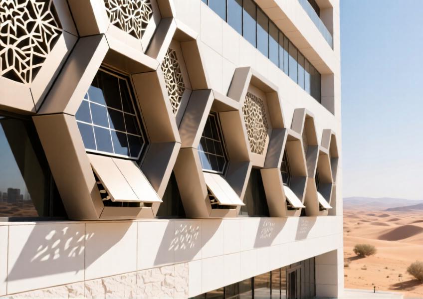 Dynamic matte sand-colored aluminum sunshade system with Islamic geometric patterning