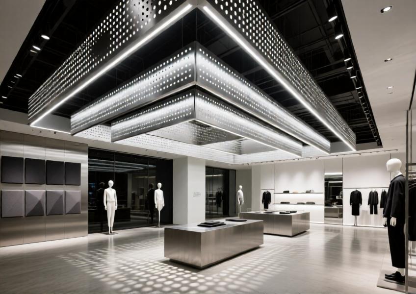 Tokyo retail interior with decorative perforated metal cladding ceiling that provides aesthetic appeal, acoustic comfort, and ambient lighting control