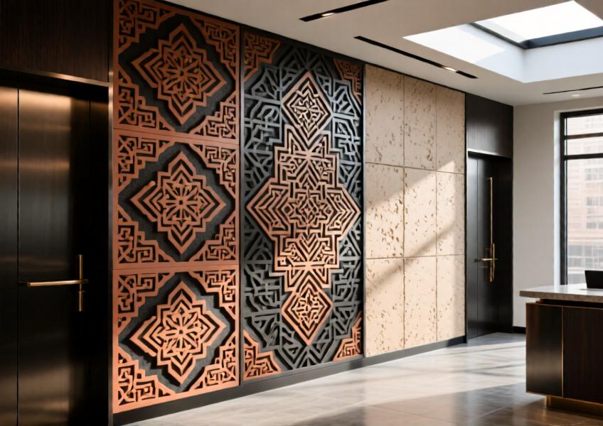 Detailed view of a bespoke interior cladding application, demonstrating the fusion of cultural design elements and advanced digital fabrication in sustainable materials.