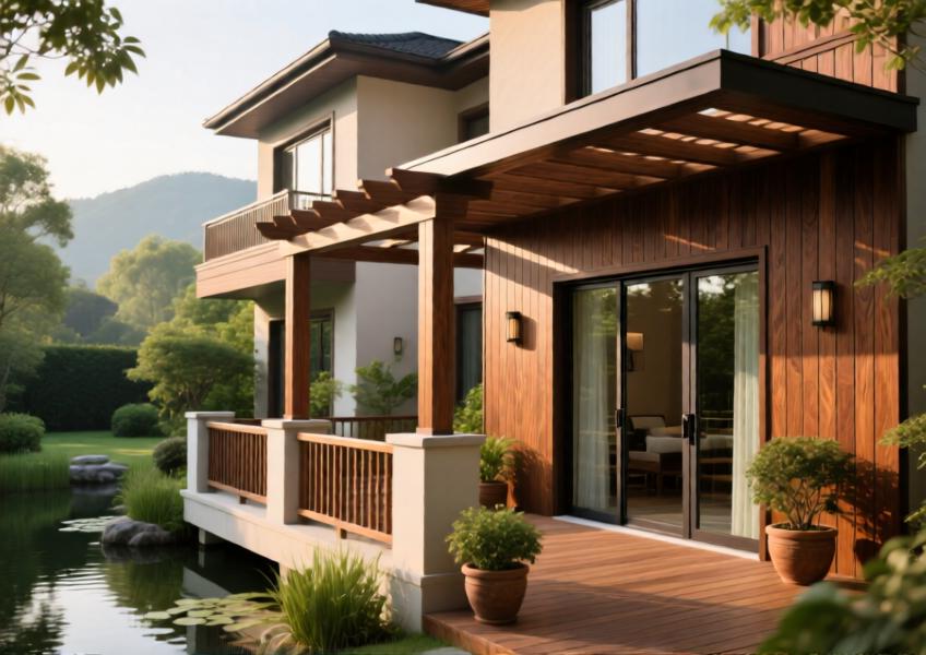 Luxury villa with warm-toned wood-effect composite cladding integrated into outdoor living spaces
