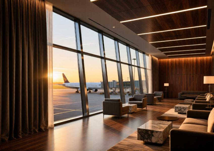 Luxury airport lounge featuring wood effect panels on aluminum curtain walls for a refined, inviting environment.
