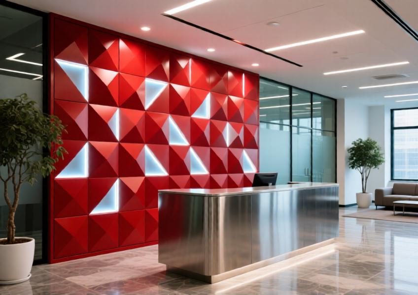 Vibrant red matte-finish aluminium feature wall with geometric patterning and integrated lighting in a corporate lobby.