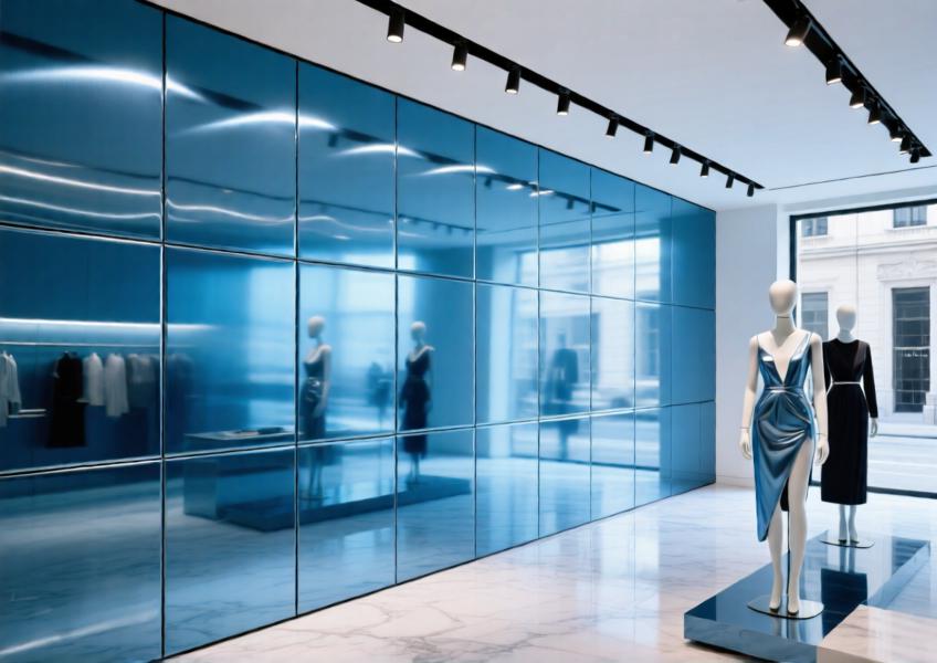 Anodized blue metallic cladding in a Milan flagship store, enhancing spatial perception and brand aesthetics.