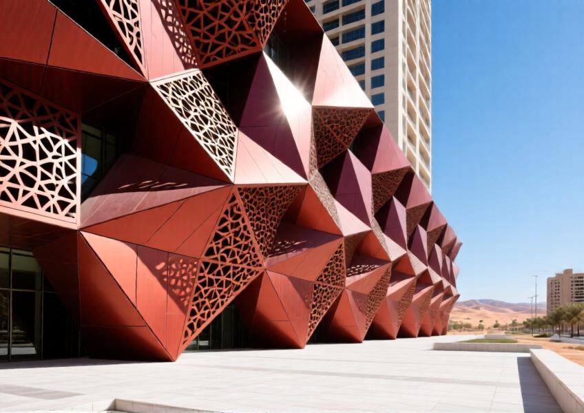 Terracotta-red anodized aluminum shading panels forming geometric patterns on a commercial tower façade