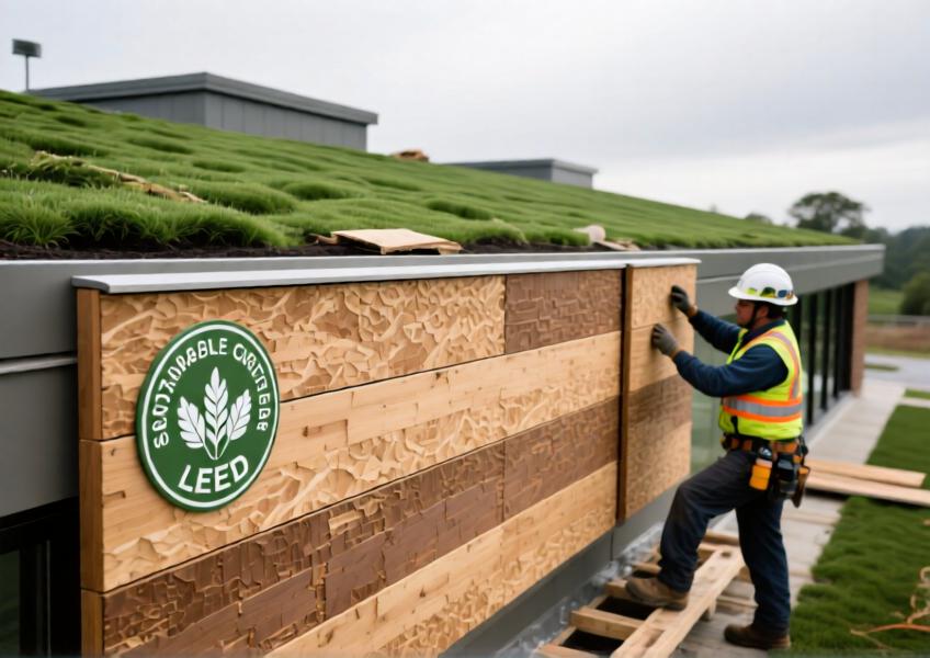 A detailed scene showing the installation of eco-conscious, bio-based cladding panels on a LEED-certified building, emphasizing sustainability and innovative material use.